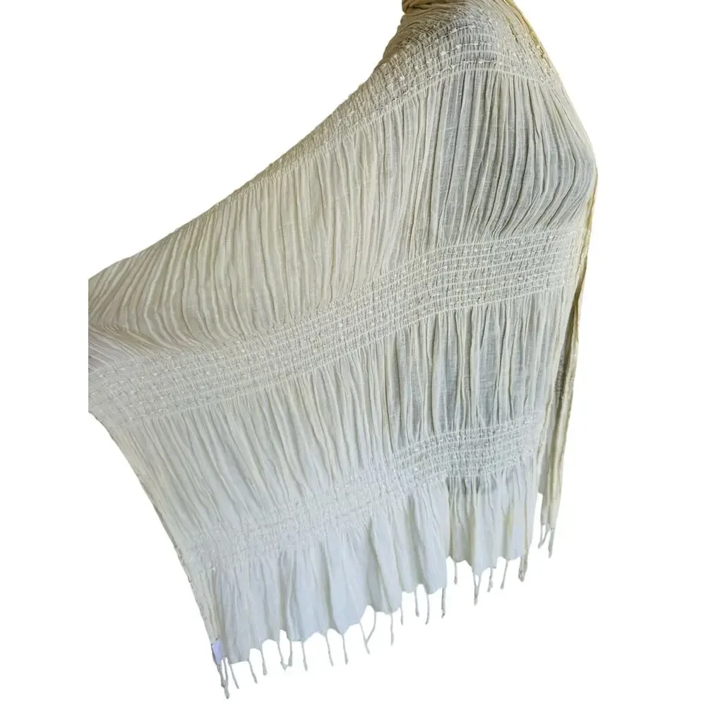 Ivory Crinkle Smocked Shawl Wrap | Fringed Textured Scarf
